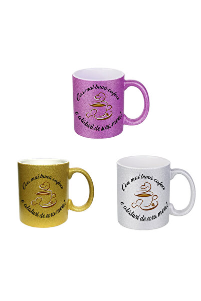 Eom Cană Cadou Soră cu Sclipici, Mesaj "Cea mai bună cafea", Design Elegant