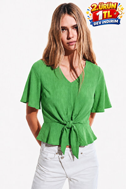 DAMGA JEANS Bluză verde cu mânecă scurtă, confortabilă, cu șireturi, pentru f...
