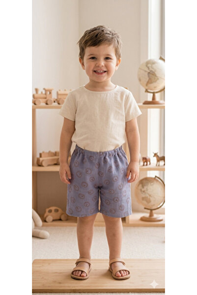 %100 Pamuk Muslin Çocuk Şort – Mavi Desenli