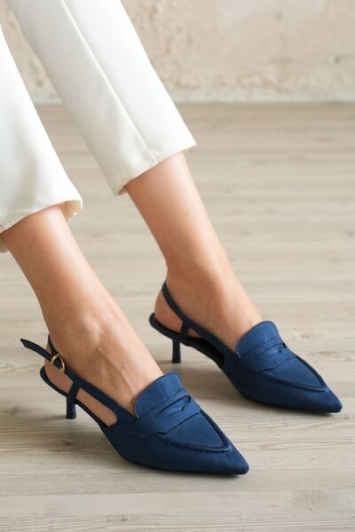 MODAADAM Women's Pope Low Heel Shoes - Navy Blue-Suede
