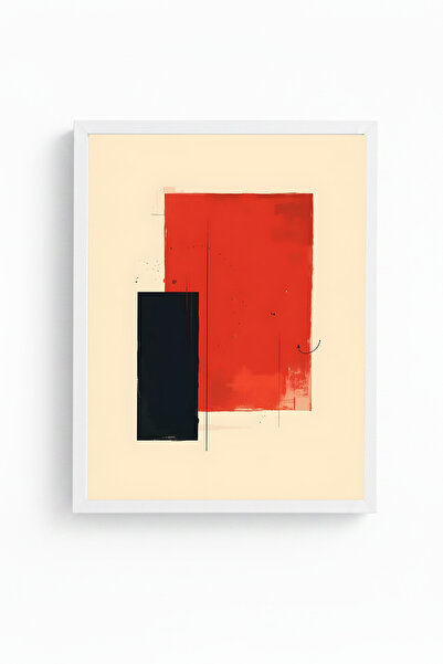 huhuli Tablou abstract cu model roșu și negru, cu ramă din lemn alb - Minimal...