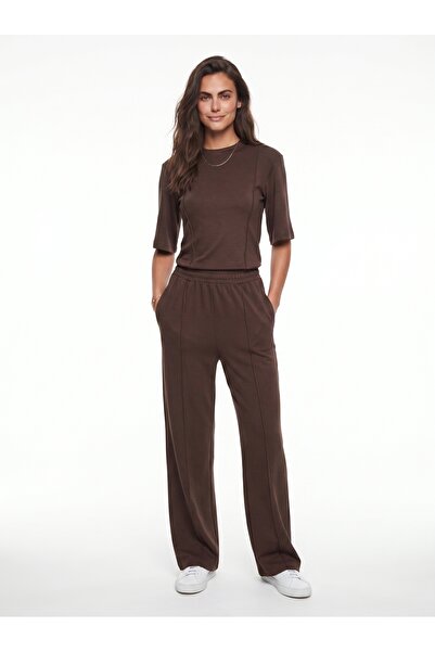 ONLOOX Bitter Brown Cotton Flexible Half-Sleeve Relaxed Fit Ribbed Elastic Wi...