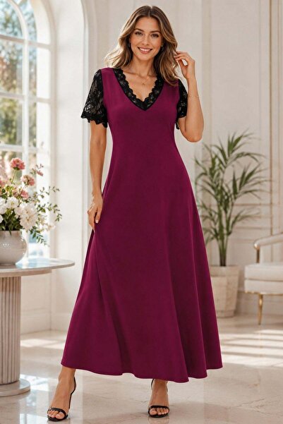 Mossta Short Sleeve V-Neck Long Crepe Dress - Burgundy