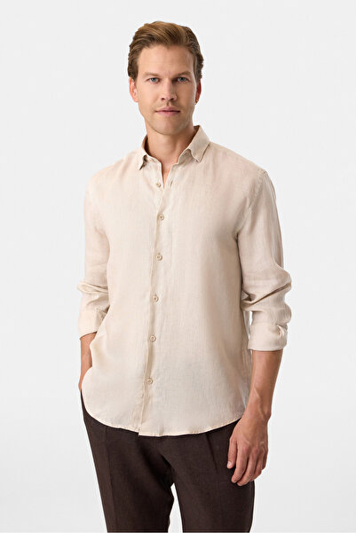 Back And Bond Regular Collar Linen Beige Shirt