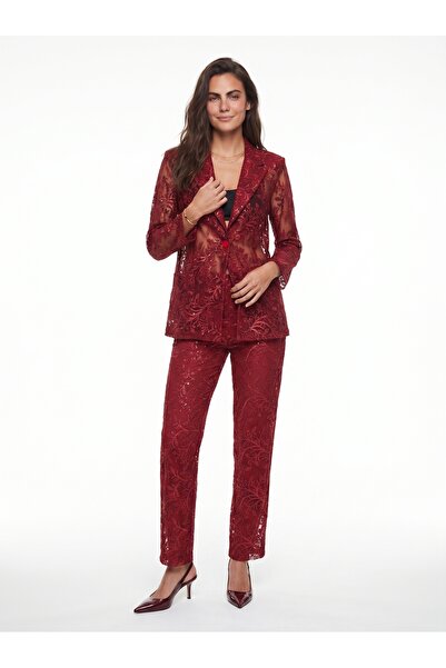 ONLOOX Burgundy Acrylic Wool Blend Sequined Semi-Transparent Textured Jacket ...
