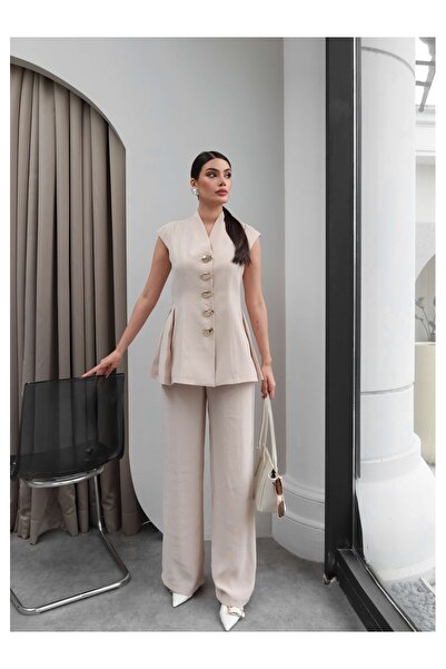 ESRAHELVACI Gold Buttoned Pleated Vest Suit