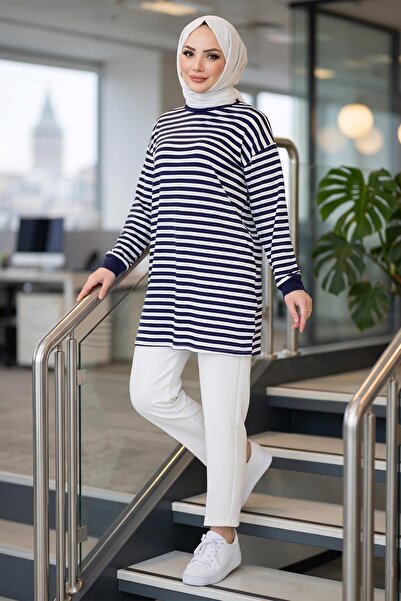 hafsamina Striped Combed Cotton Tunic Navy Blue Hm2917