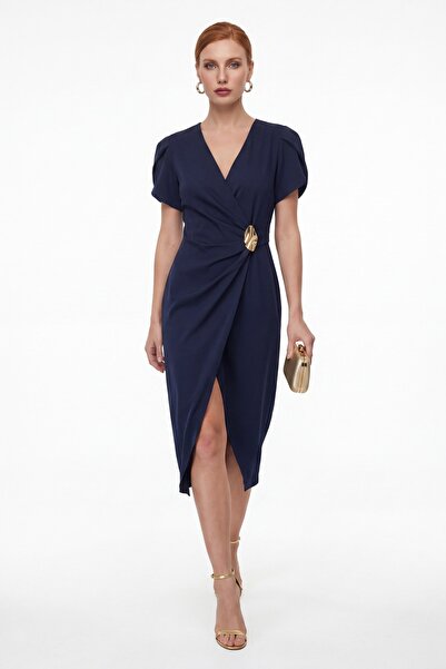 Lafaba Women's Navy Blue Double Breasted Collar Short Sleeve Midi Event Dress