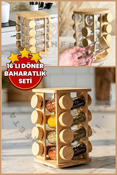 İnfeta 17x17 cm 16'lı Bambu Dönerli Cam Baharatlık Seti- Döner Standlı Bambu ...