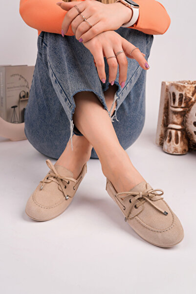 Trend Moda Kadın Bej Loafer Babet Rahat Ayakkabı