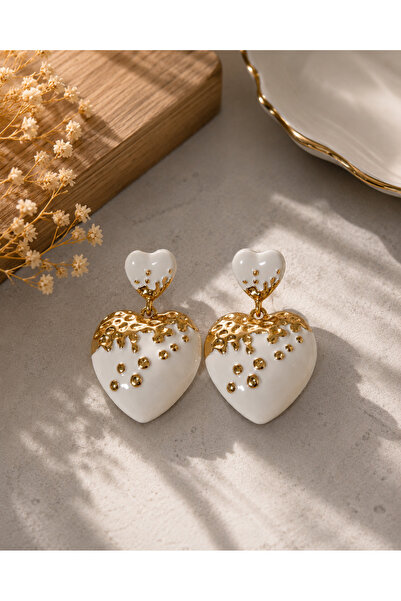 Sylvera Shop Sweet Melt White Dangle Heart Earrings (Gold Color)