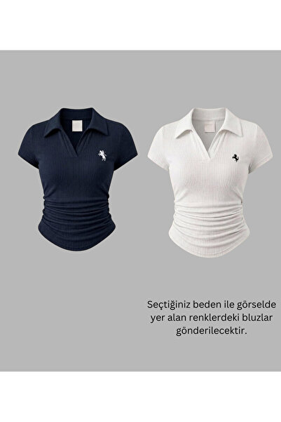 Gofeel Kadın 2 Li Vintage Polo Yaka Fitilli Likralı Bluz