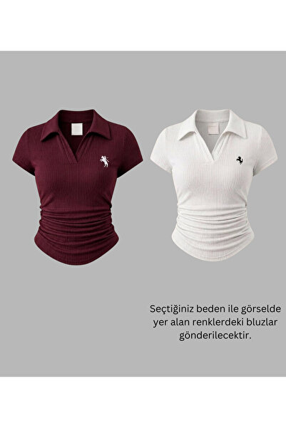 Gofeel Kadın 2 Li Vintage Polo Yaka Fitilli Likralı Bluz