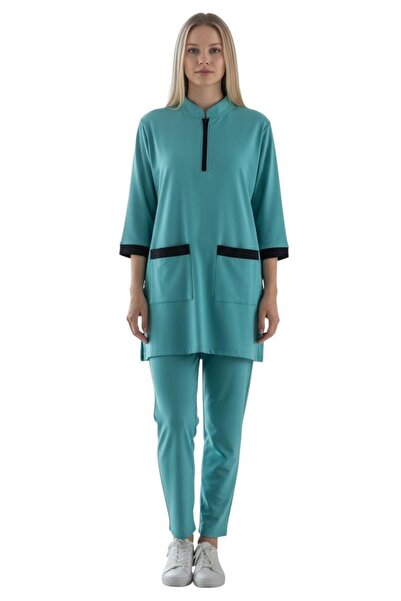 Peach Women's Housemaid Uniform Set with Tunic Top and Matching Trousers, Qua...