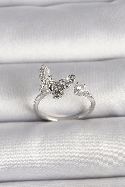 USLUCAN ALIŞVERİŞ Brass Silver Color Zircon Stone Butterfly Model Pearl Detai...