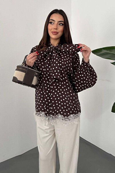 Maxi modena قميص دانتيل بولكا دوت بني اللون
