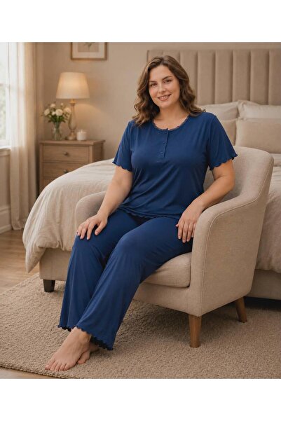 DERYA Set de pijamale pentru femei Bambo, mărime mare, cu nasturi, cu mânecă ...