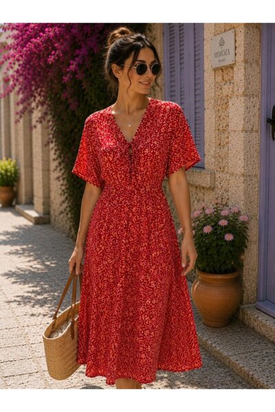 civetta Women's V-Neck Tie-Detail Elastic Waist Crisp Patterned Summer Dress