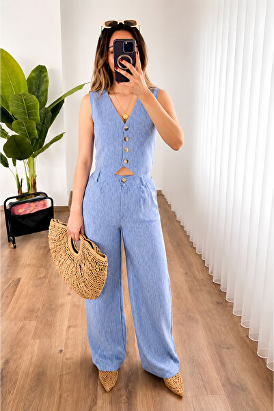 SHERA CLOTHİNG Kadın Mavi Keten Karışımlı Yelek Pantolon Takım İkili Set