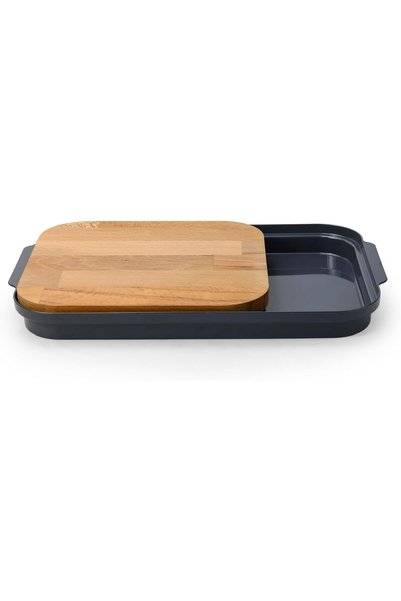 OBJE Woods Sliding Cutting Board with Holder, 40.5x25cm Natural Beechwood Chopping Board, Grey
