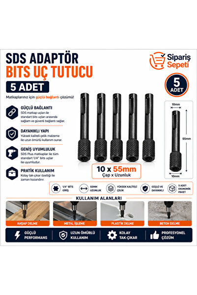 Trendhane SDS Ara Bits Adaptörü 10x55 mm – 5 Adet Bits Uç Tutucu, Güçlü ve Da...