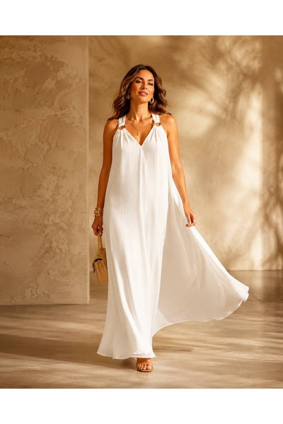 Punta Otantik Pt26009 Strappy Back Detailed Linen Cotton Sorita Dress White