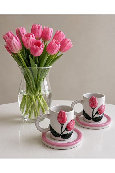Dİ TAZZA Di TAZZA_EL YAPIMI iki kişilik dört parça_PEMBE_LALELİ 110ml KAHVE F...