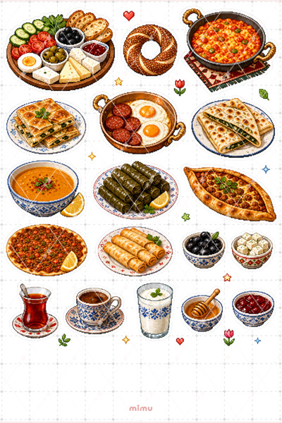 Mimu Art Studio Pixel Art Türk Mutfağı Sticker Seti Geleneksel Yemek Temalı D...