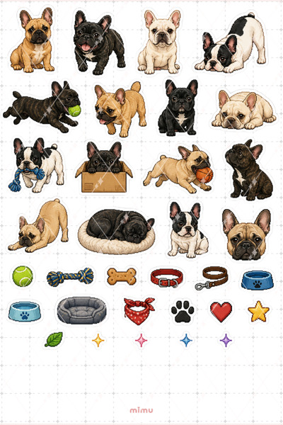 Mimu Art Studio Pixel Art French Bulldog Sticker Seti Fransız Bulldog Temalı ...