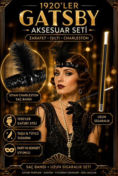 Tamsena Store 1920’ler Gatsby Charleston Siyah Tüylü Saç Bandı ve Uzun Sigara...