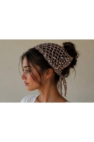 lunera Pullu Vizon El Örgüsü Bandana %100 Pamuk Bohem Saç Bandanası 50x25 cm