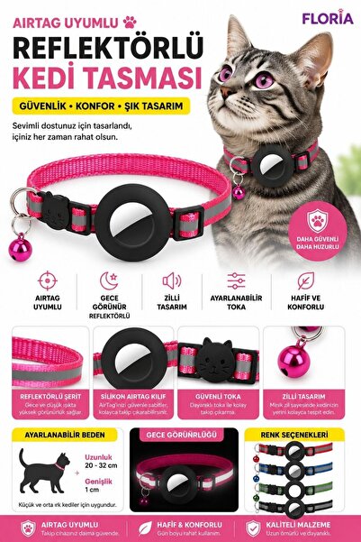 Floria Reflektörlü AirTag Kedi Tasması - Zilli Güvenlik Tokalı Tasma