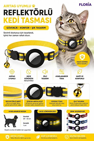 Floria Reflektörlü AirTag Kedi Tasması - Zilli Güvenlik Tokalı Tasma