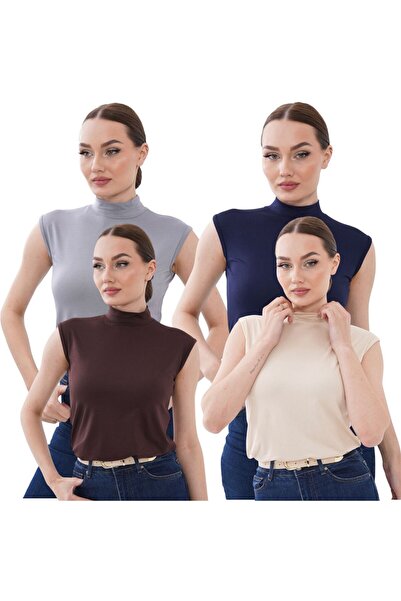 bykombincim Kadın 4'lü Sıfır Kol Kolsuz Body VİSKON Yarım Boğazlı Body 4 Adet
