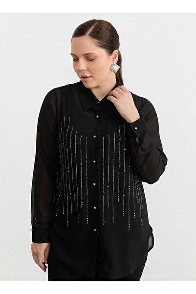 Selen Siyah Kadın Büyük Beden Önü Şerit Taşlı Bluz 26YSL8369