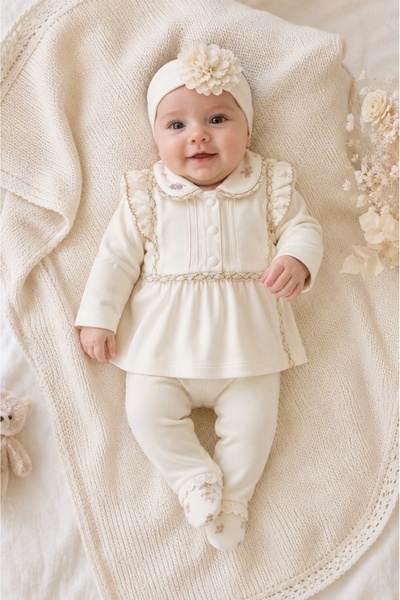 Pure Boutique Compleu elegant bebe fetita crem cu dantela si bentita florala ...