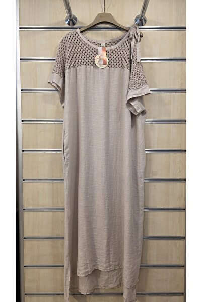 Park Moda Italian Linen Dress with Tie Shoulder and Mesh Detail