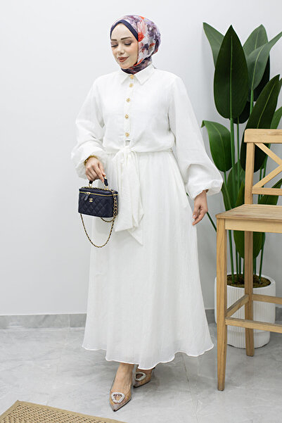 Tesettür Dünyası Balloon Sleeve Tie Detail Skirt Suit Tsd260226 White