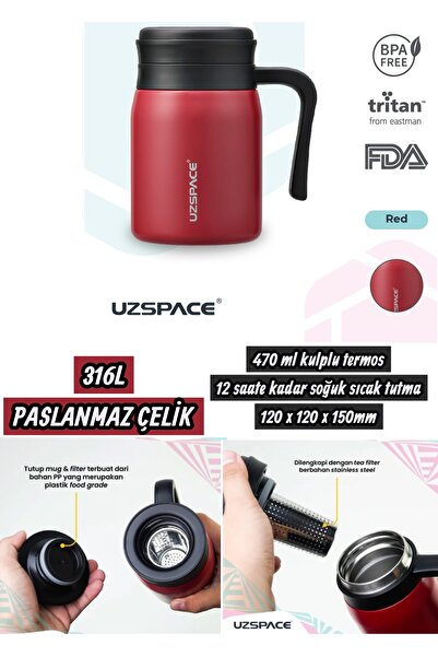 Uzspace ترموس بسعة 470 مل مع مقبض يحافظ على البرودة والحرارة لمدة تصل إلى 12 ...