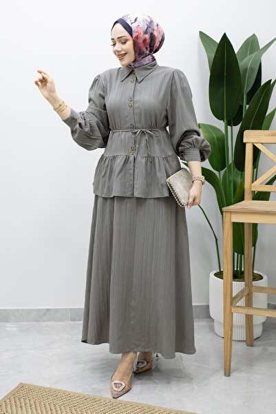 Tesettür Dünyası Ruffle Detailed Waist Drawstring Skirt Suit Tsd260220 Gray