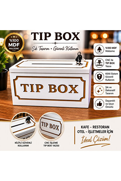 BOZKURT CNC Bahşiş Kutusu Tip Box %100 BEYAZ MDF CNC Kalıcı Tip Box Yazılı Şı...