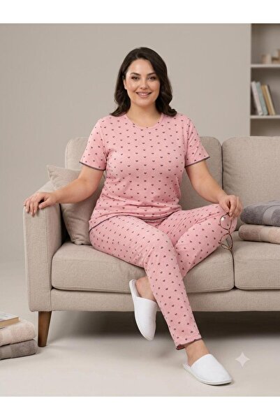 LXL Set de pijamale tricotate de vară, cu model inimioare, pudră, cu mânecă s...