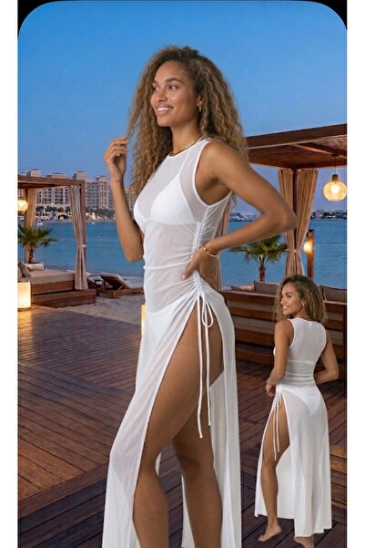 NA ADDESIGN Σιφόν διαφανές μακρύ φόρεμα παραλίας με σκίσιμο, λευκό & μαύρο φό...