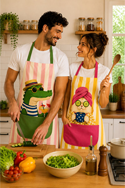 AYSHOME Ays Home Trend Sevimli Aile 2'Li Mutfak Önlüğü Seti Maksimalist Desen