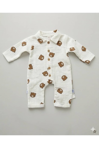 KapsülBebek Muslin Teddy Bear Patterned Unisex Baby Romper - 100% Cotton