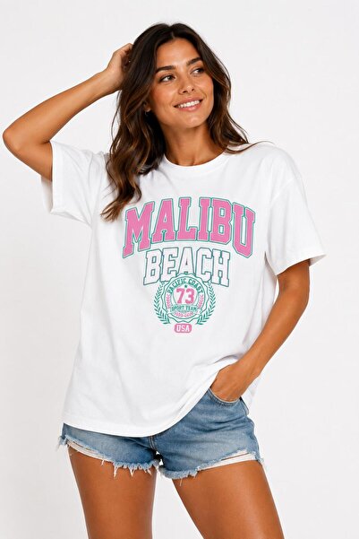 Lizbon Style Women's Oversize 100% Cotton Malibu Printed Comfortable Fit T-Shirt