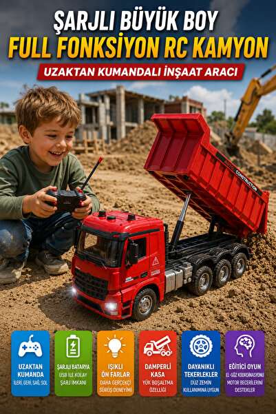 OpenCity Şarjlı Uzaktan Kumandalı RC Damperli Kamyon Büyük Boy Işıklı İnşaat ...