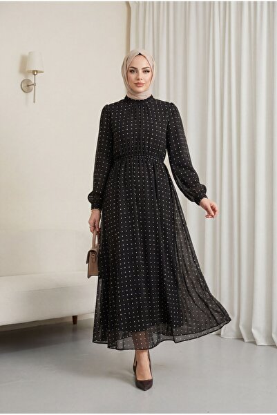 Modamorfo Lined, Elastic Waist, Polka Dot Patterned Long Chiffon Dress - Black