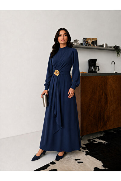 comstar Rochie lungă de damă, elegantă, premium, bleumarin, cu detaliu în talie