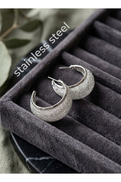 stainless steell 316L Steel Silver Color Crystal Stone Detailed Hoop Earrings